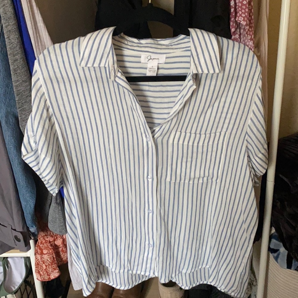 Striped button down, collared shirt